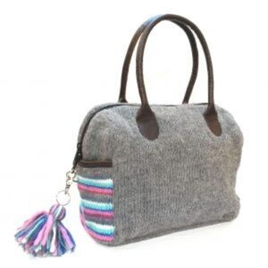 NWT KuSan Charcoal Pink Leather Handle Knitted Wool Bowling Bag Purse Tote​